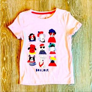 NEW Mini Boden Girls Pink Short Sleeve Bonjour Dog Top Size 5-6Y